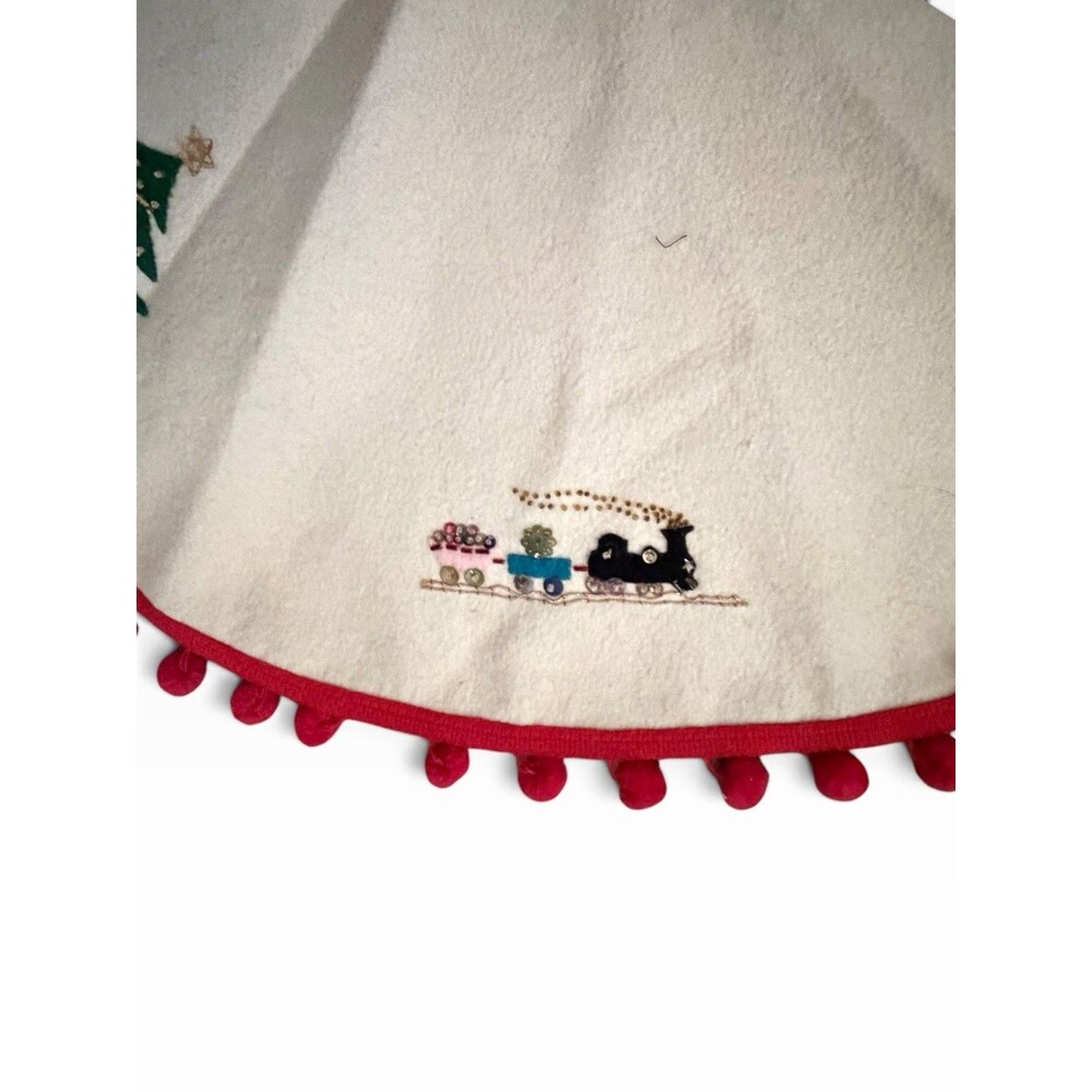 Vintage Felt Sequin Christmas Tree Skirt Small 27” Merry Christmas Pom Poms - Picture 7 of 9